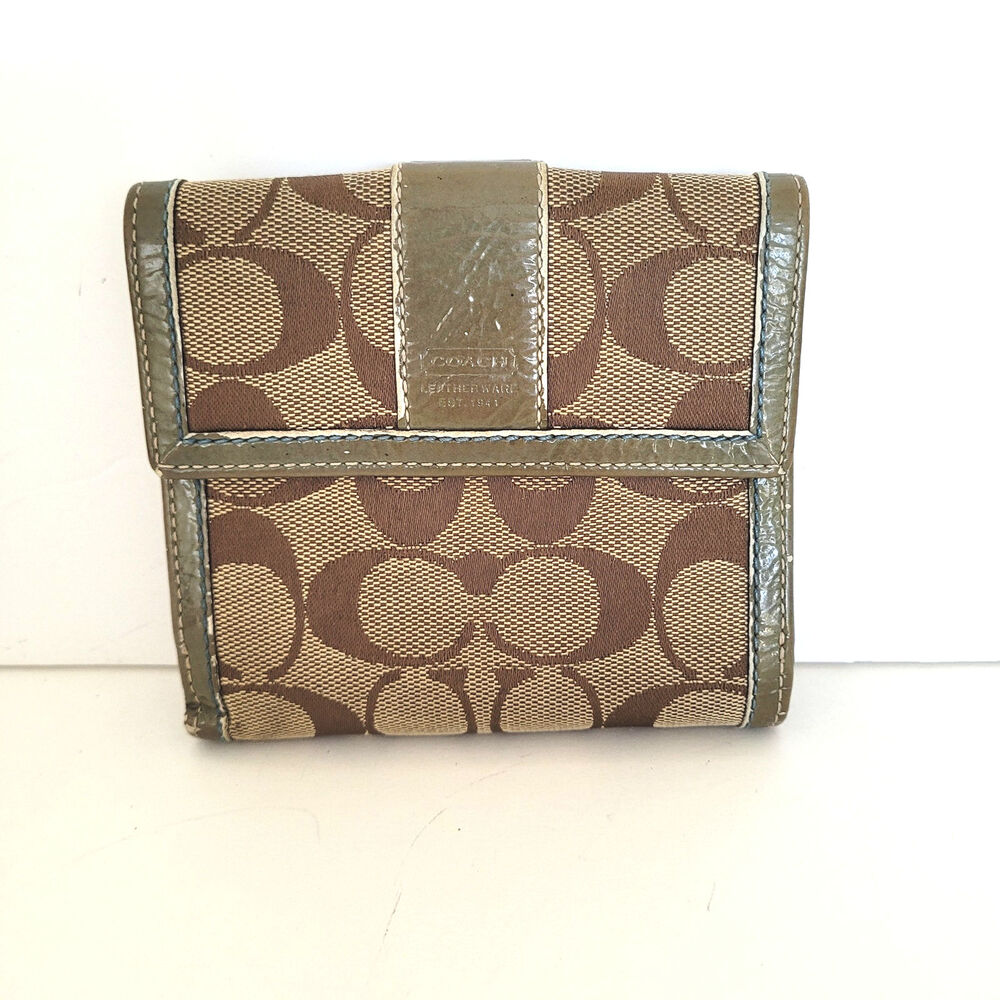 Coach Wallet Beige Green Blue Signature Card Holder Bill Medium Bifold Retro